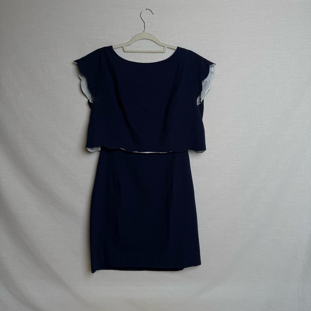 Lauren James Navy Blue Overlay Dress Made in USA Size M EUC - Picture 2 of 11